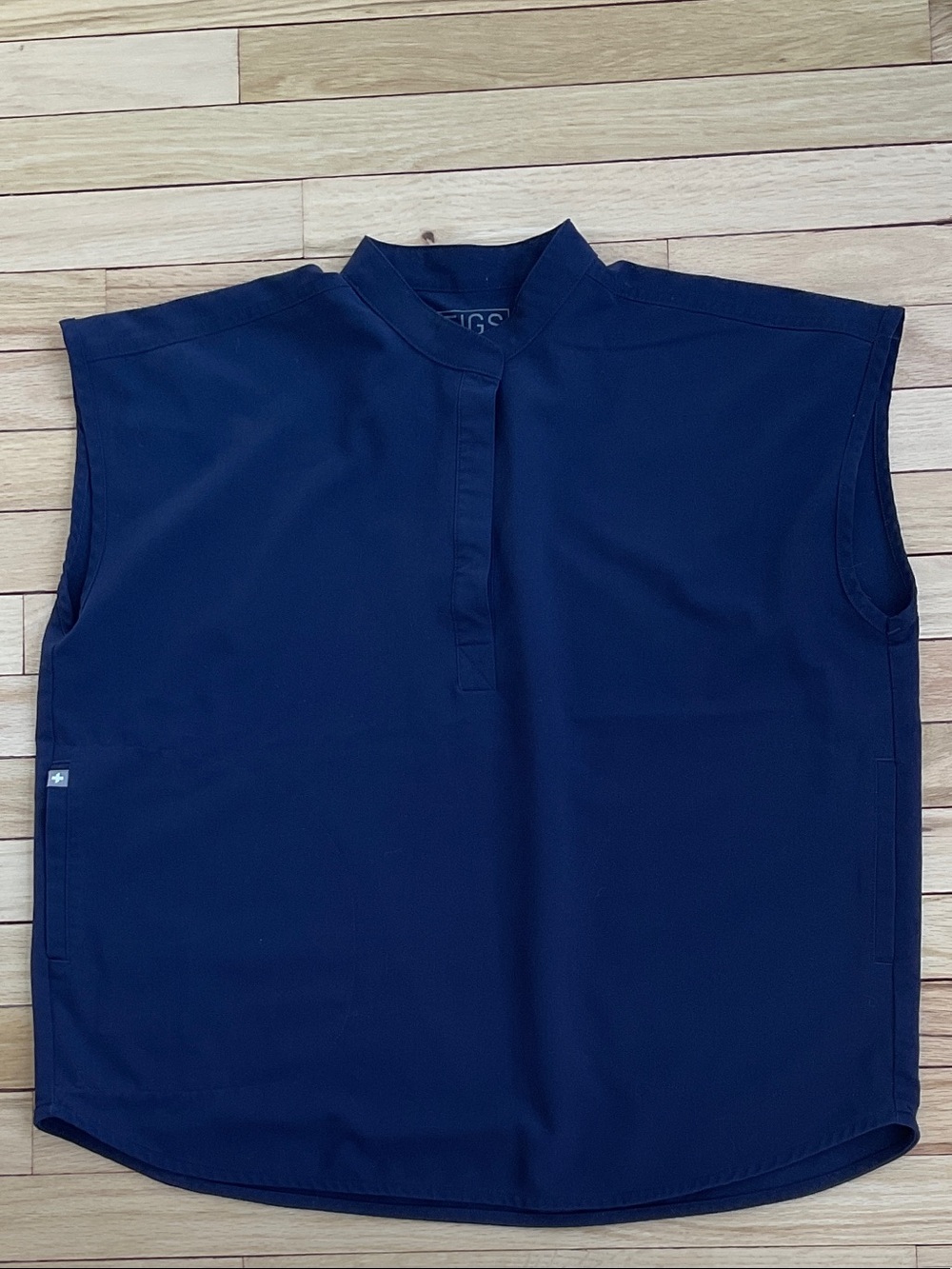 Figs Women's Short Sleeve Mandarin Collar Top in Navy Blue